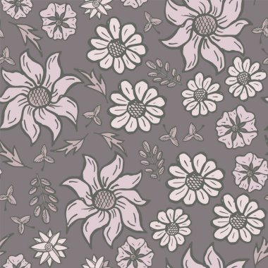 Elle çizilmiş çiçekli pürüzsüz desen. Paketler, ambalajlar, kumaş tasarımları ve diğerleri için. Pastel renklerde vektör karalama arkaplanı.