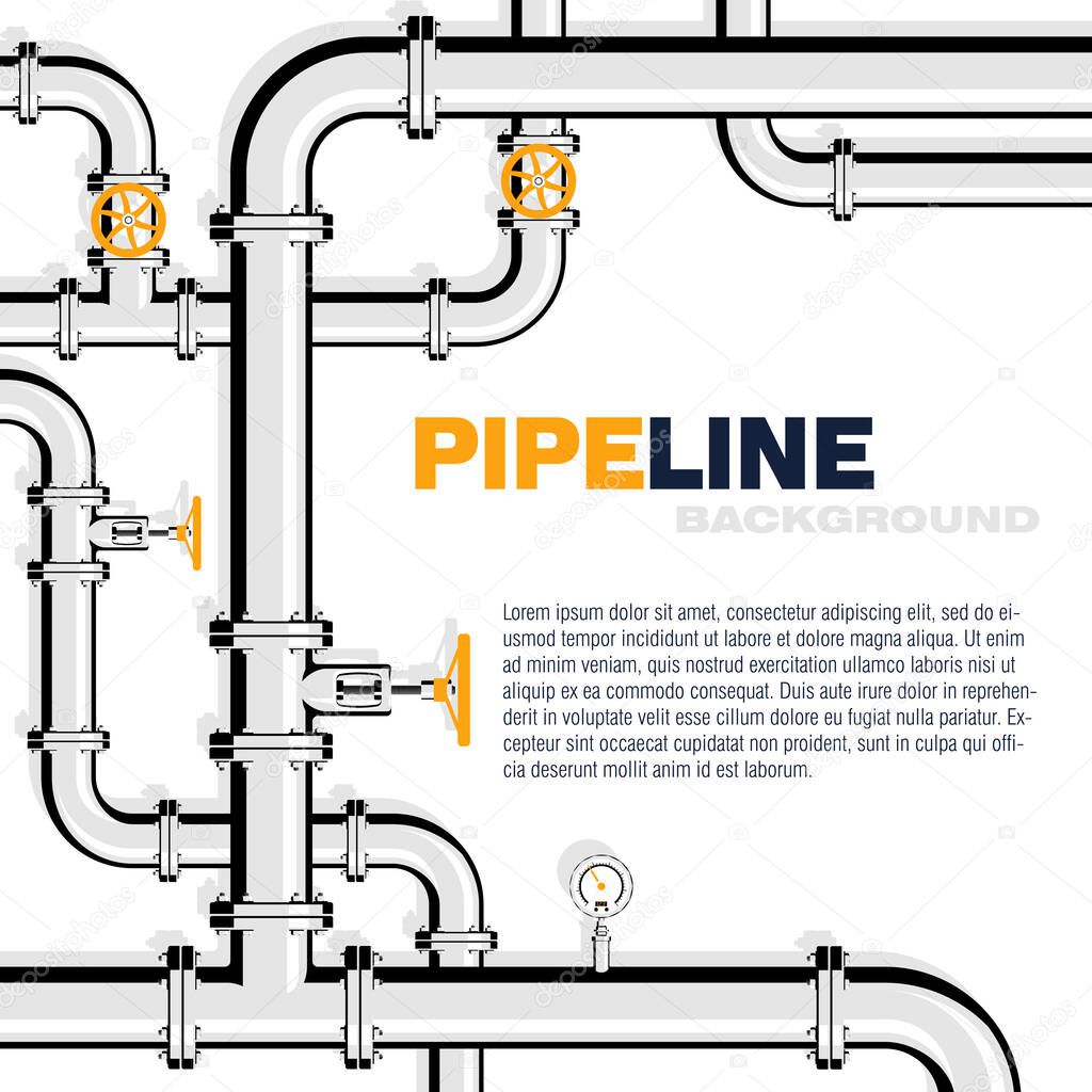 Gas pipeline square vector background with space for text. Branching and intertwining pipes with taps and manometers. Illustration in flat style.