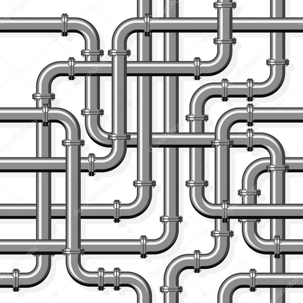 Pipeline seamless pattern. Intertwining steel pipes on a white background. Realistic vector illustration in flat style.