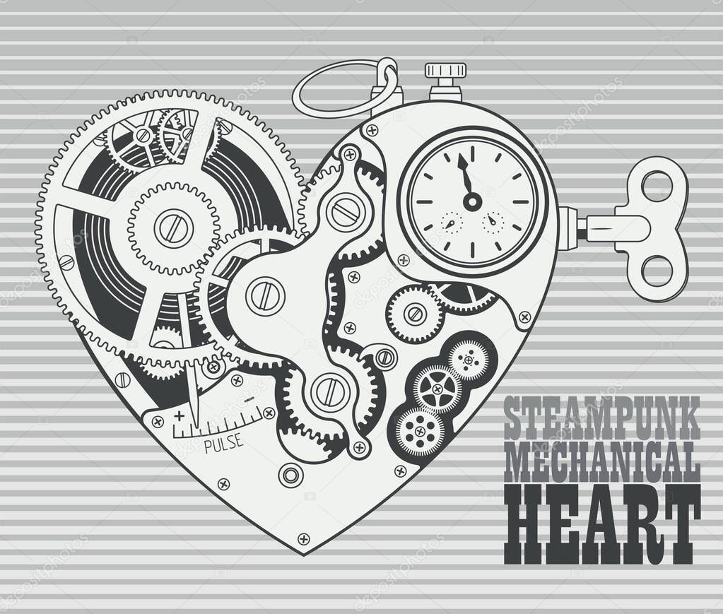 Mechanical heart in steampunk style. Grayscale retro vector illustration.