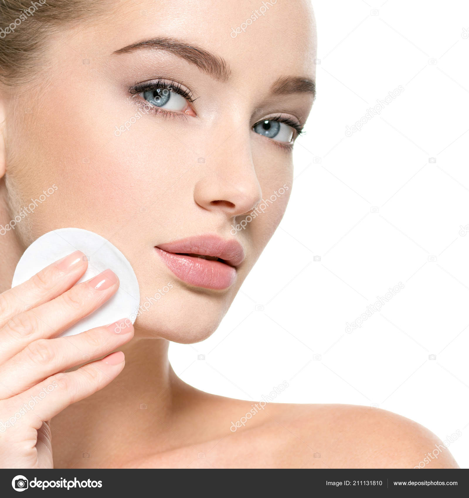 Girl Removing Makeup Cotton Ball Face Young Woman Cleaning Skin Stock