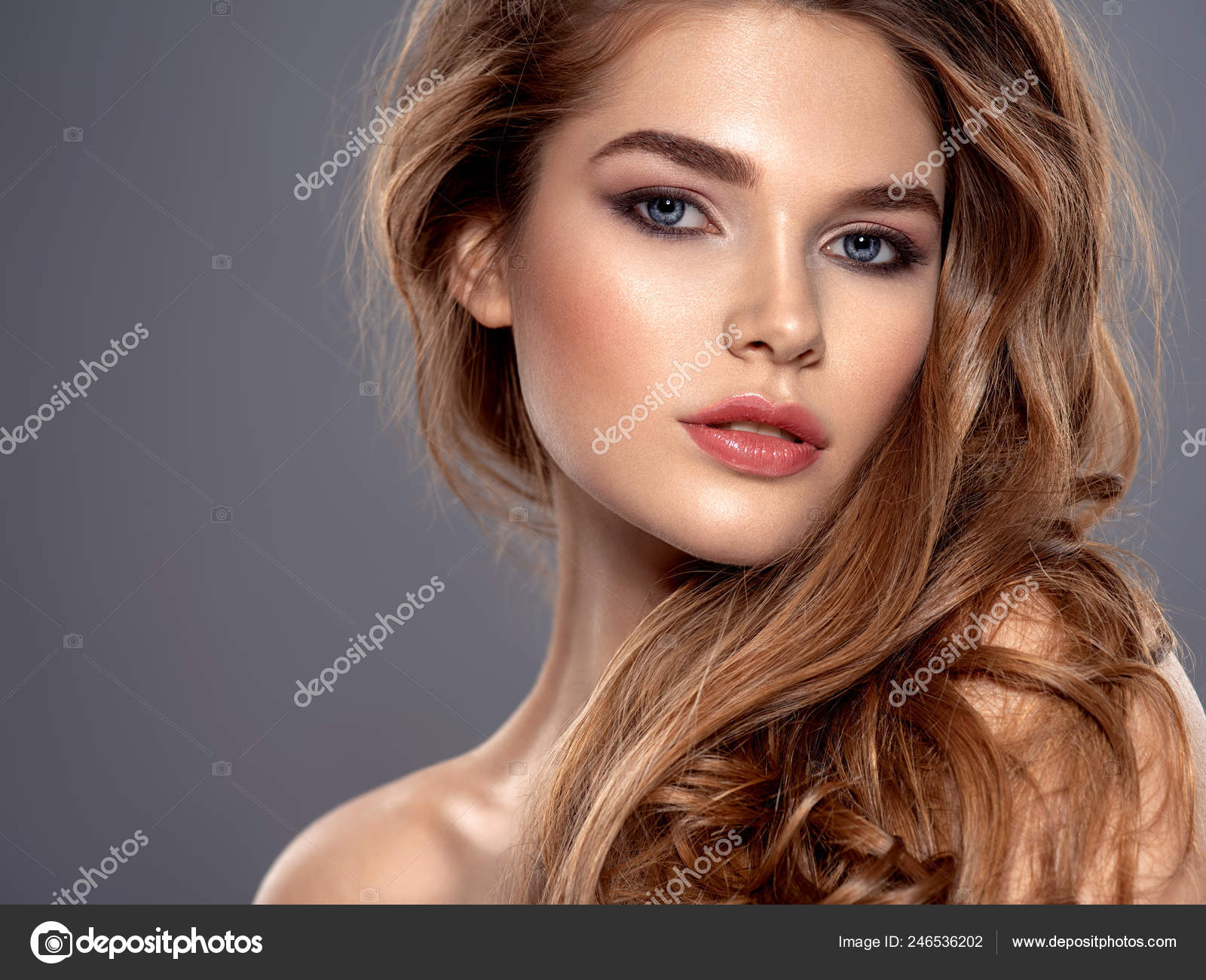 Young Brown Haired Woman Long Curly Hair Beautiful Face Gorgeous