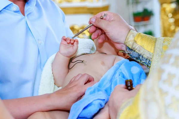 Chrismation Sacrament Newborn Baby Christening Hands Orthodox Priest — Stock Photo, Image