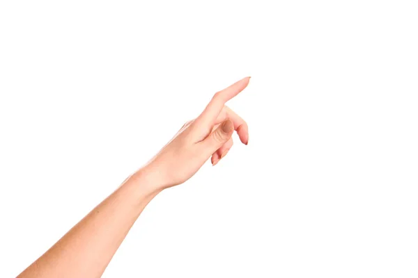 Mulher Mão Tocando Tela Virtual Isolado Branco — Fotografia de Stock