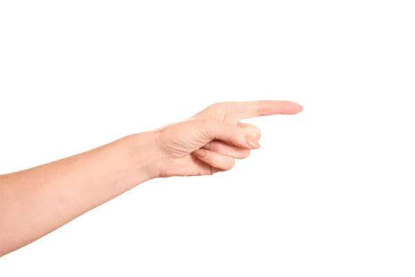 Frauenhand Zeigt Oder Drückt Mit Dem Zeigefinger Auf Weißem Isoliertem — Stockfoto