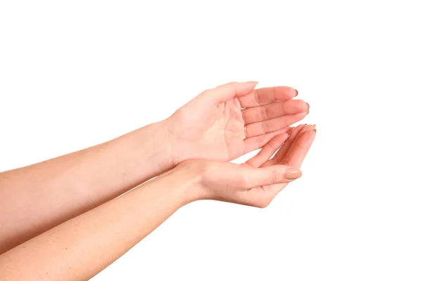 Lege Open Vrouw Handen Geïsoleerd Witte Achtergrond — Stockfoto