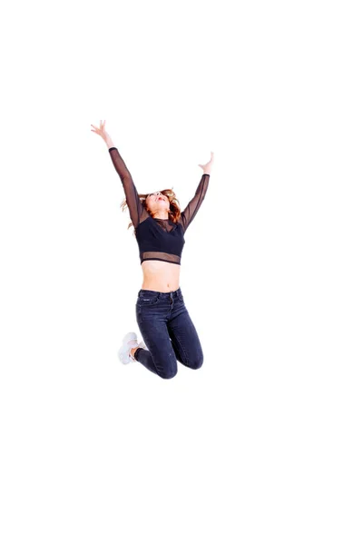 Esporte mulher salto isolado no fundo branco — Fotografia de Stock