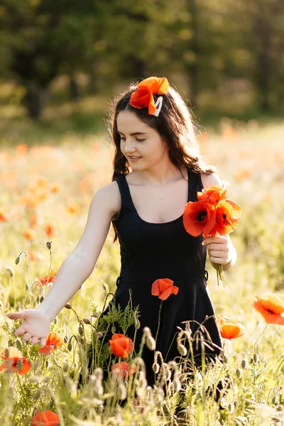 Молодая Женщина Собирает Красные Цветы Маковом Поле — стоковое фото