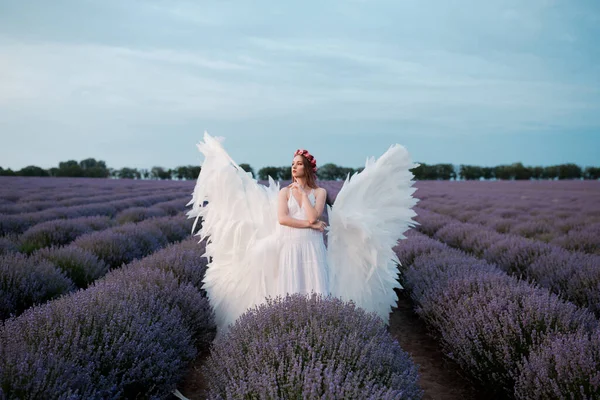 Schöne Frau Weißen Engel Outfit Mit Flügeln Outdoor Landschaft — Stockfoto