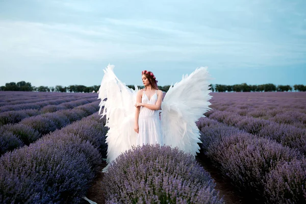 美丽的女人穿着雪白的天使装配着户外风景中的翅膀 — 图库照片