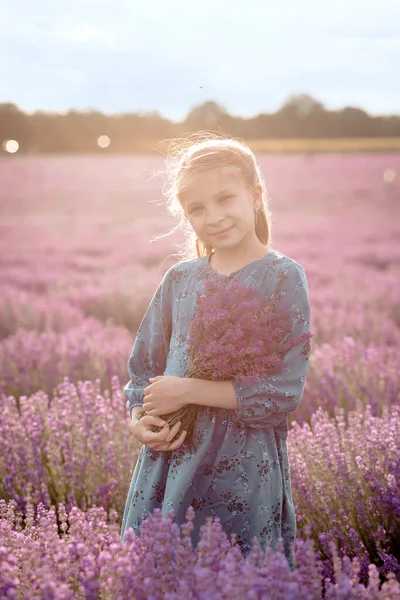 Mooi Meisje Met Een Boeket Van Lavendel Een Lavendel Veld — Stockfoto