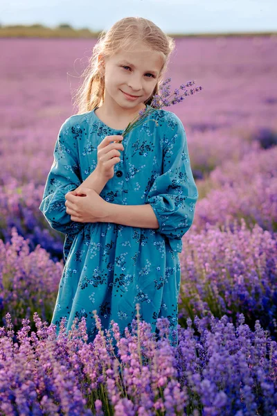 Mooi Meisje Met Een Boeket Van Lavendel Een Lavendel Veld — Stockfoto