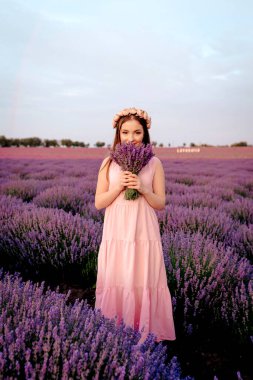 Güzel bir kadın, lavanta tarlasında gün batımında bir demet lavantaya bayılır.