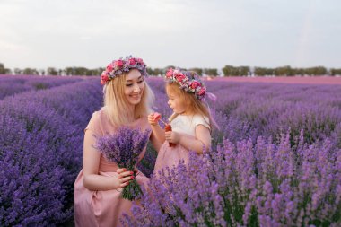 Anne ve kızı lavanta tarlasında sabun köpüğü üflüyor.