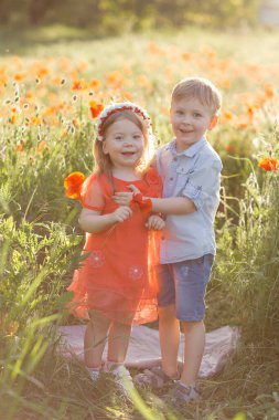 Mutlu çocuk ve kız gelincik tarlasında oynuyorlar.