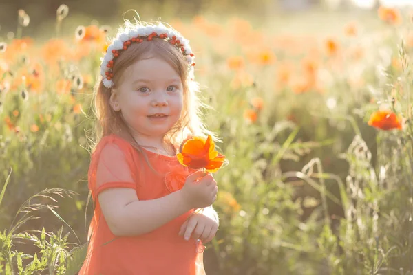 美しい健康的な薄いCaucasian女の子で白い夏のドレスとともにケシの花で緑のフィールド — ストック写真