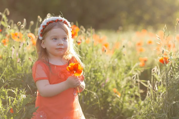 美しい健康的な薄いCaucasian女の子で白い夏のドレスとともにケシの花で緑のフィールド — ストック写真