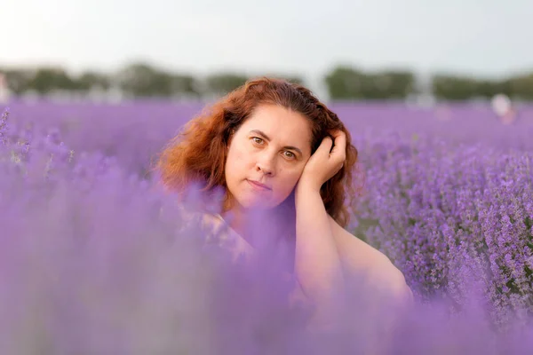 Beautiful Pensive Woman Sitting Lavender Field — Stock Photo, Image