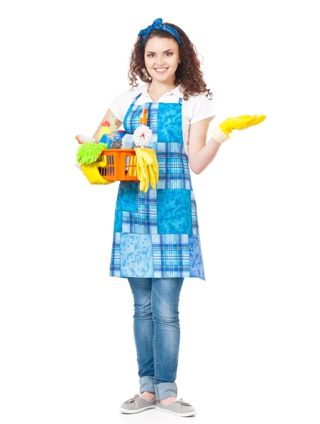 Young housewife on white — Stock Photo, Image