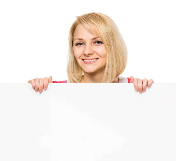 Mujer con letrero en blanco — Foto de Stock