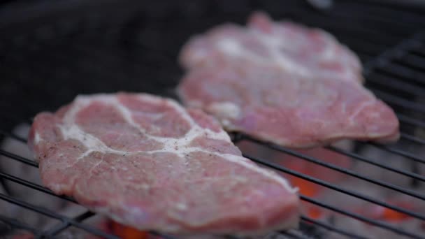 Gotowanie mięsa steki na grill — Wideo stockowe