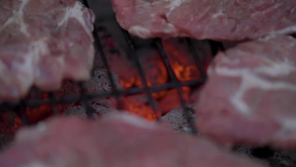 Приготування м'ясних стейків на грилі — стокове відео