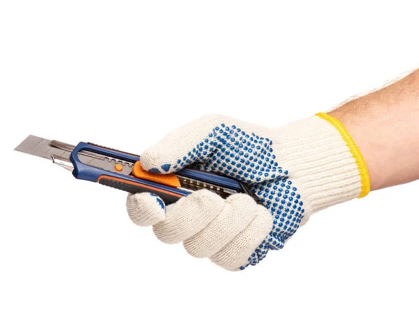 Männliche Hand Mit Funktionierendem Baumwollhandschuh Mit Büromesser Menschliche Hand Hält — Stockfoto