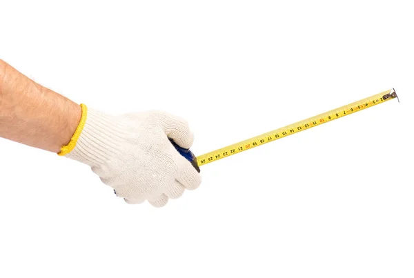 Männliche Hand Trägt Funktionierende Baumwollhandschuhe Mit Maßband Menschliche Hand Hält — Stockfoto