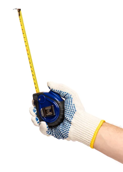 Close View Worker Man Hand Tape Measure Male Hand Wearing — Stock Photo, Image