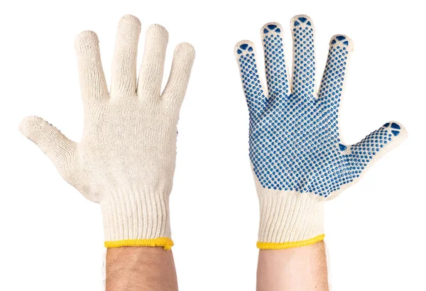 労働者は 開いた手のひらと 本の指ジェスチャー を示します 綿の作業用手袋 白い背景で隔離を身に着けている男性の手 — ストック写真