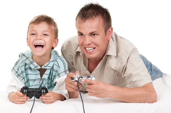 Pai Filho Segurando Joysticks Jogando Videogames Console Juntos Happy Family — Fotografia de Stock