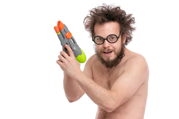 Crazy Bebaarde Man Met Grappige Kapsel Bril Klaar Voor Lol — Stockfoto