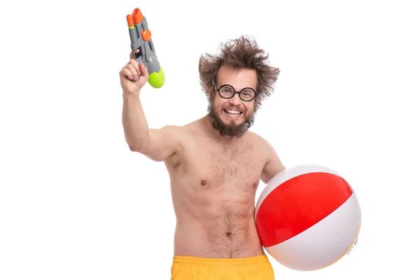 Homem Barbudo Louco Com Corte Cabelo Engraçado Óculos Olho Pronto — Fotografia de Stock