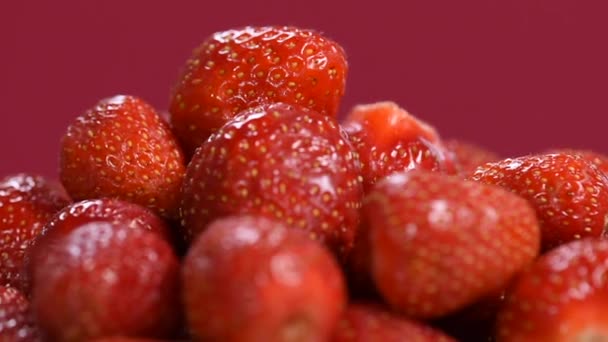 Frische rote Erdbeeren rotieren — Stockvideo