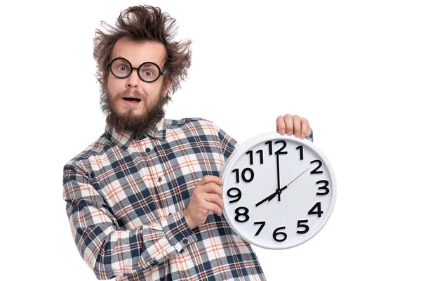 Crazy bearded man with big clock — Stock Photo, Image