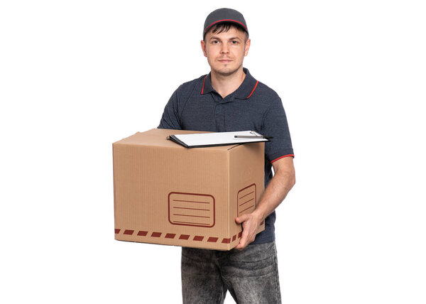 Delivery man in cap on white
