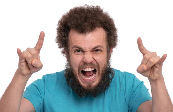 狂気の髭の男の感情とサイン — ストック写真