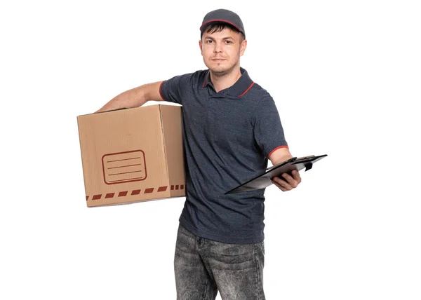 Entrega homem em cap no branco — Fotografia de Stock