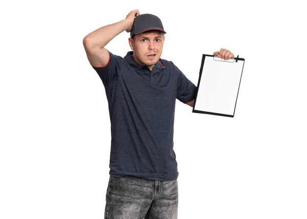 Entrega hombre en gorra en blanco — Foto de Stock