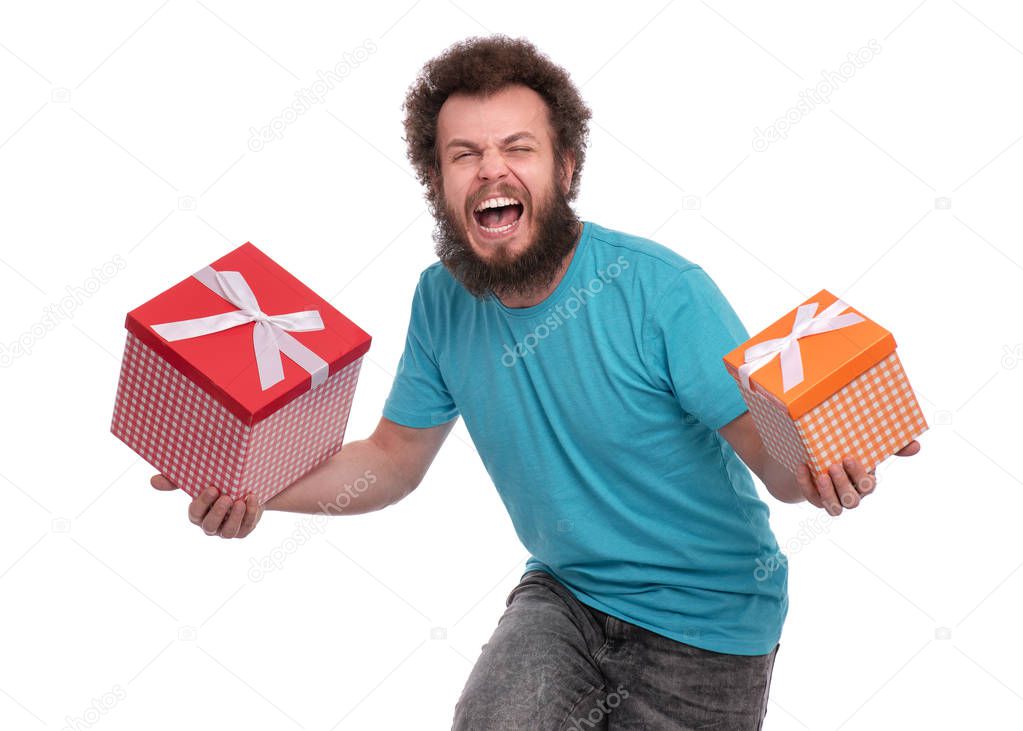 Crazy bearded man with gift box