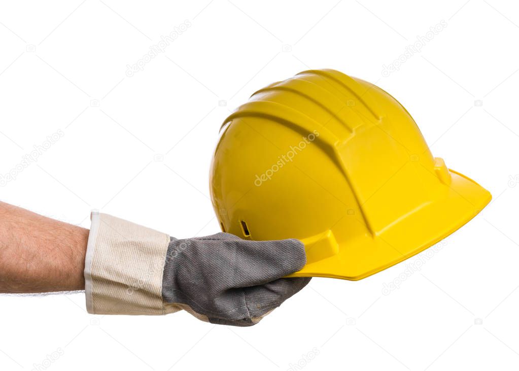 Hand with glove and hard hat
