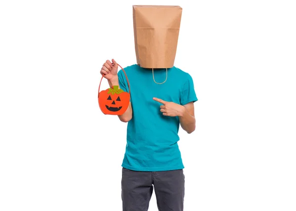 Boy with paper bag over head — Stock Photo, Image