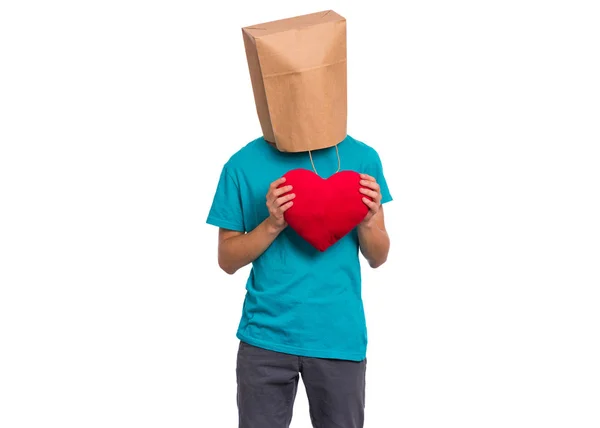 Jongen met papieren zak over hoofd — Stockfoto