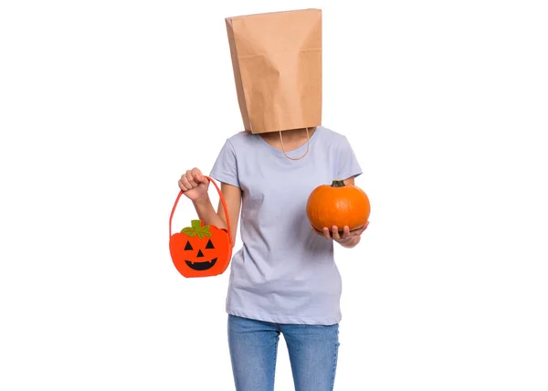Girl with paper bag over head — Stock Photo, Image