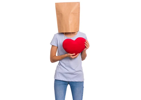 Chica con bolsa de papel sobre la cabeza — Foto de Stock