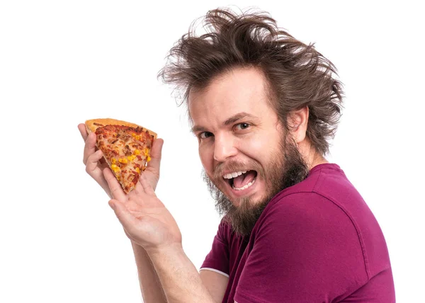 疯狂的胡子男子吃比萨饼 — 图库照片