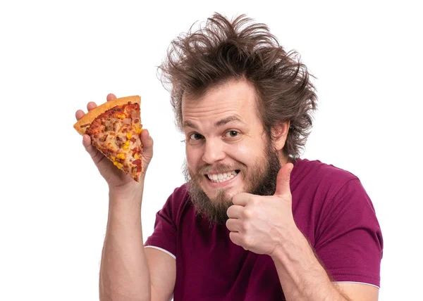 Homem barbudo louco comendo pizza — Fotografia de Stock