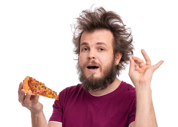 Çılgın sakallı adam pizza yiyor — Stok fotoğraf