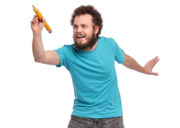 Crazy bearded man with big pencil — Stock Photo, Image