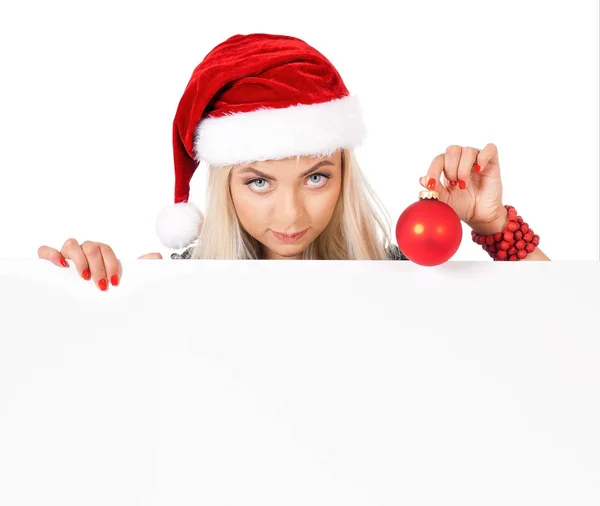 Christmas woman with empty board — Stock Photo, Image